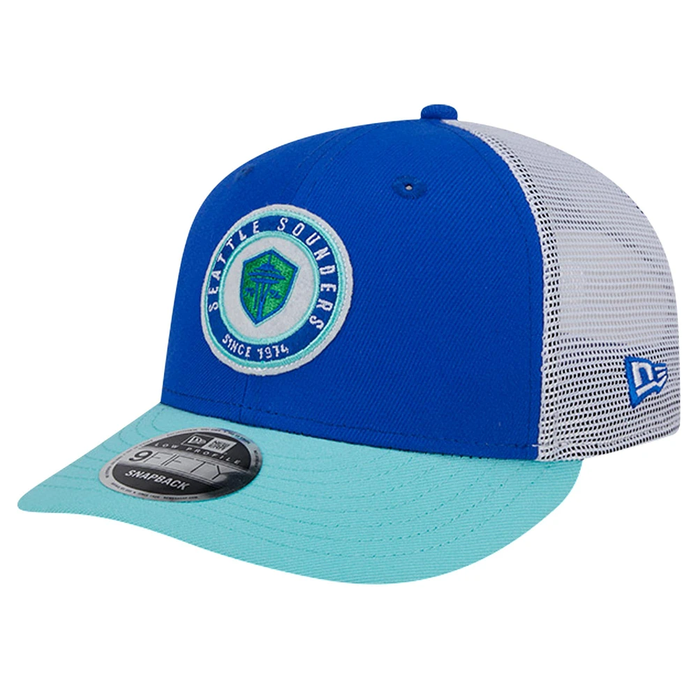 Men's New Era Blue Seattle Sounders FC Throwback Trucker Low Profile 9FIFTY Snapback Hat