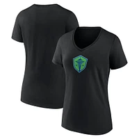 T-shirt noir à col en V avec logo principal des Seattle Sounders FC de marque Fanatics pour femmes