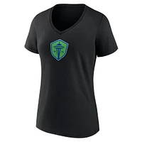 T-shirt noir à col en V avec logo principal des Seattle Sounders FC de marque Fanatics pour femmes