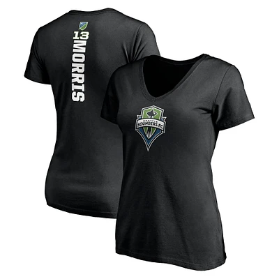 T-shirt à col en V Fanatics Jordan Morris pour femmes, noir, Seattle Sounders FC, nom et numéro du meneur de jeu