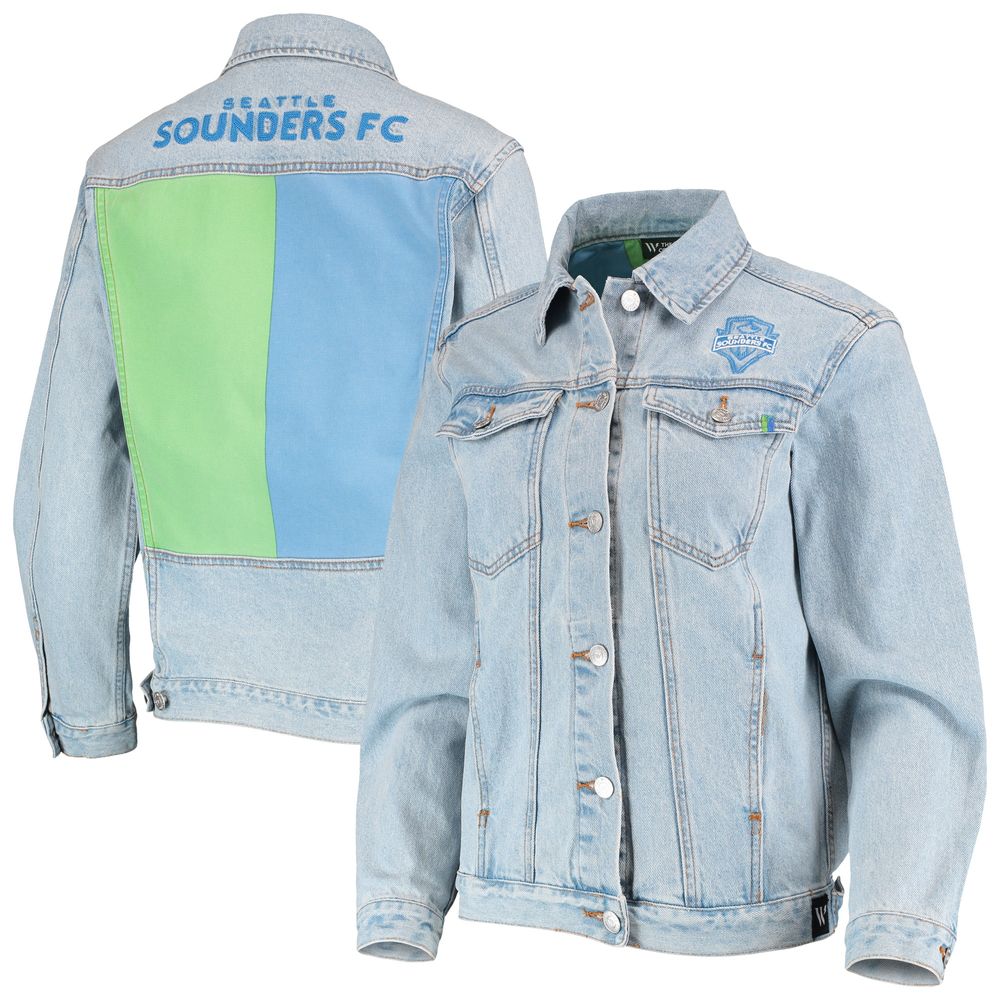 Women's The Wild Collective Blue Seattle Sounders FC Print Denim Button-Up Jacket