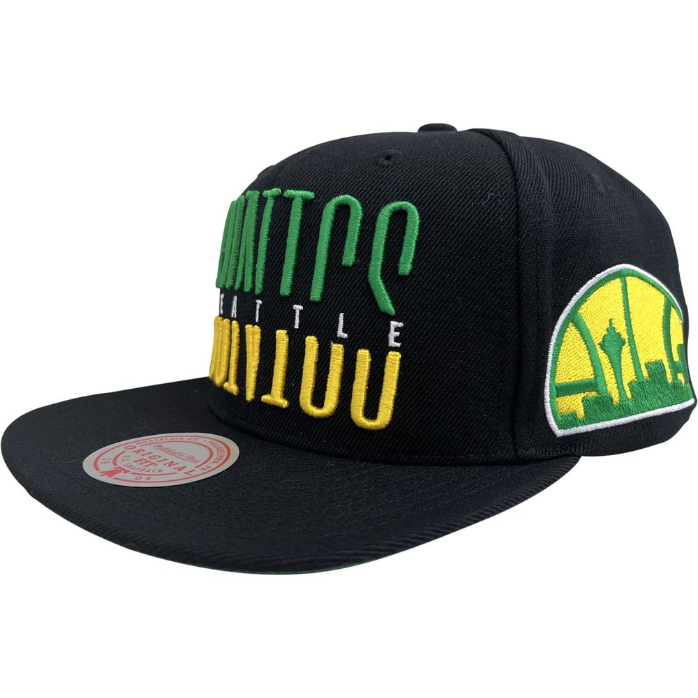 Men's Mitchell & Ness Black Seattle SuperSonics Hardwood Classics Wordstack - Snapback Hat