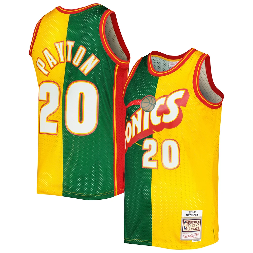 Maillot Homme Mitchell & Ness Gary Payton Vert/Or Seattle SuperSonics Hardwood Classics 1995/96 Split Swingman Jersey