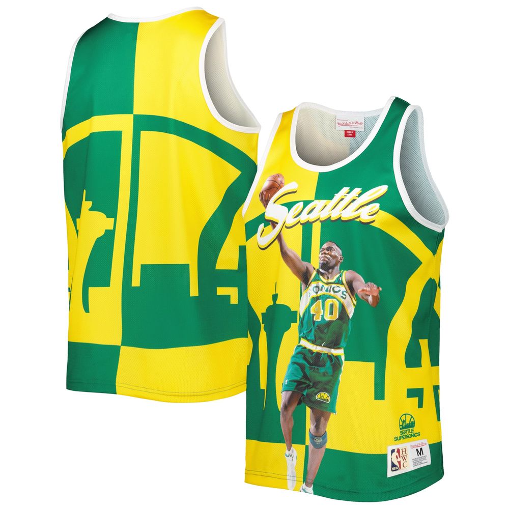 Men's Mitchell & Ness Shawn Kemp Green/Gold Seattle SuperSonics Sublimated Player Tank Top