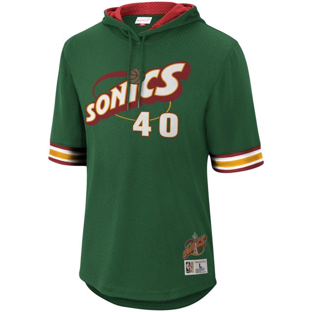 Sweat à capuche manches courtes pour hommes Mitchell & Ness Shawn Kemp vert Seattle SuperSonics Mesh Hardwood Classics nom et numéro