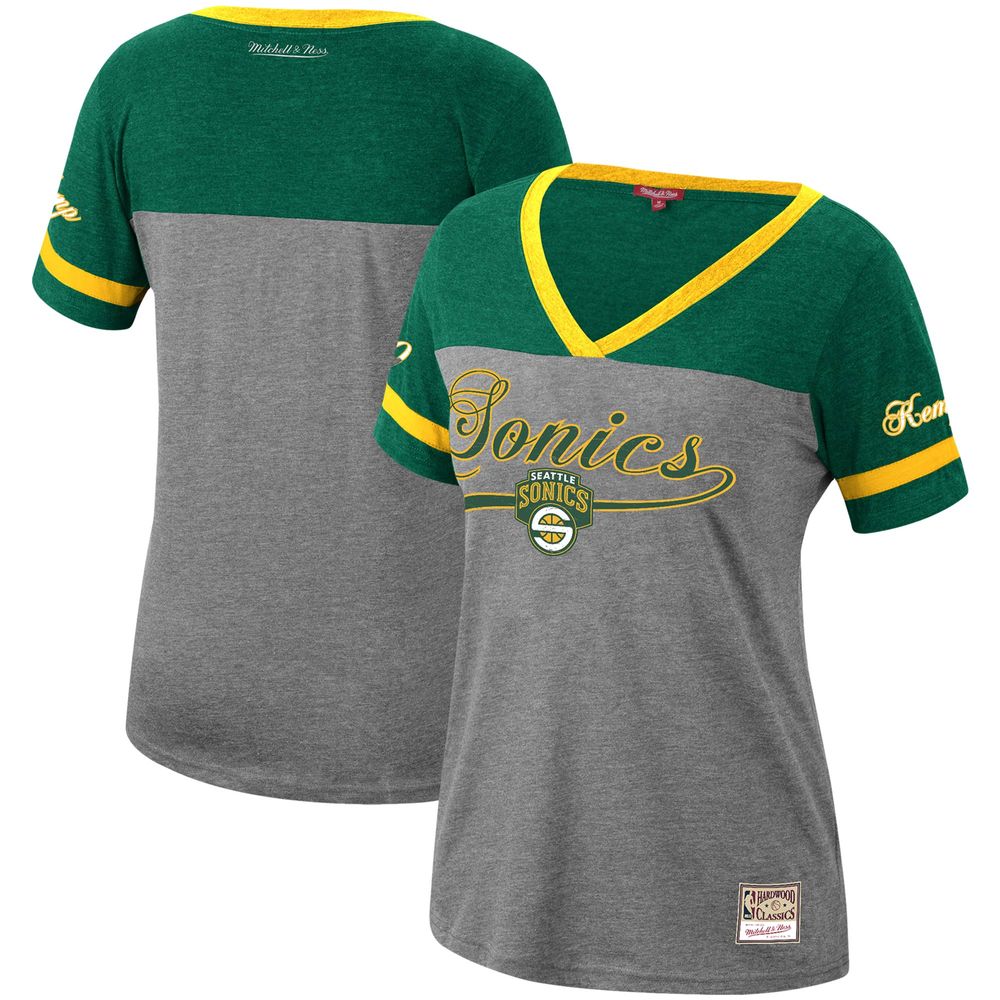 Women's Mitchell & Ness Shawn Kemp Heathered Charcoal Seattle SuperSonics Team Captain V-Neck T-Shirt