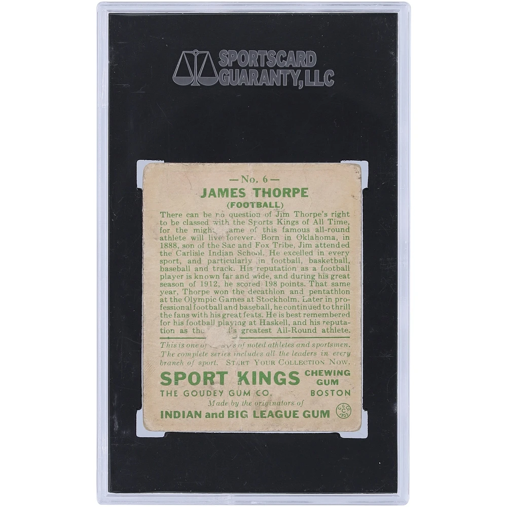 Carte de recrue authentifiée Jim Thorpe Canton Bulldogs 1933 Sport Kings Gum #6 SGC