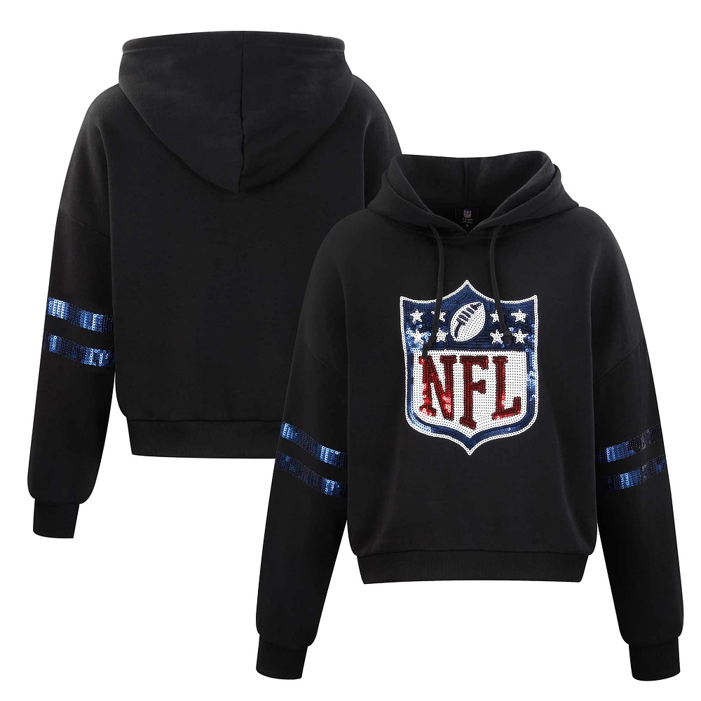 Women's Cuce Black Shield Merchandise Cropped Sequins Pullover Hoodie