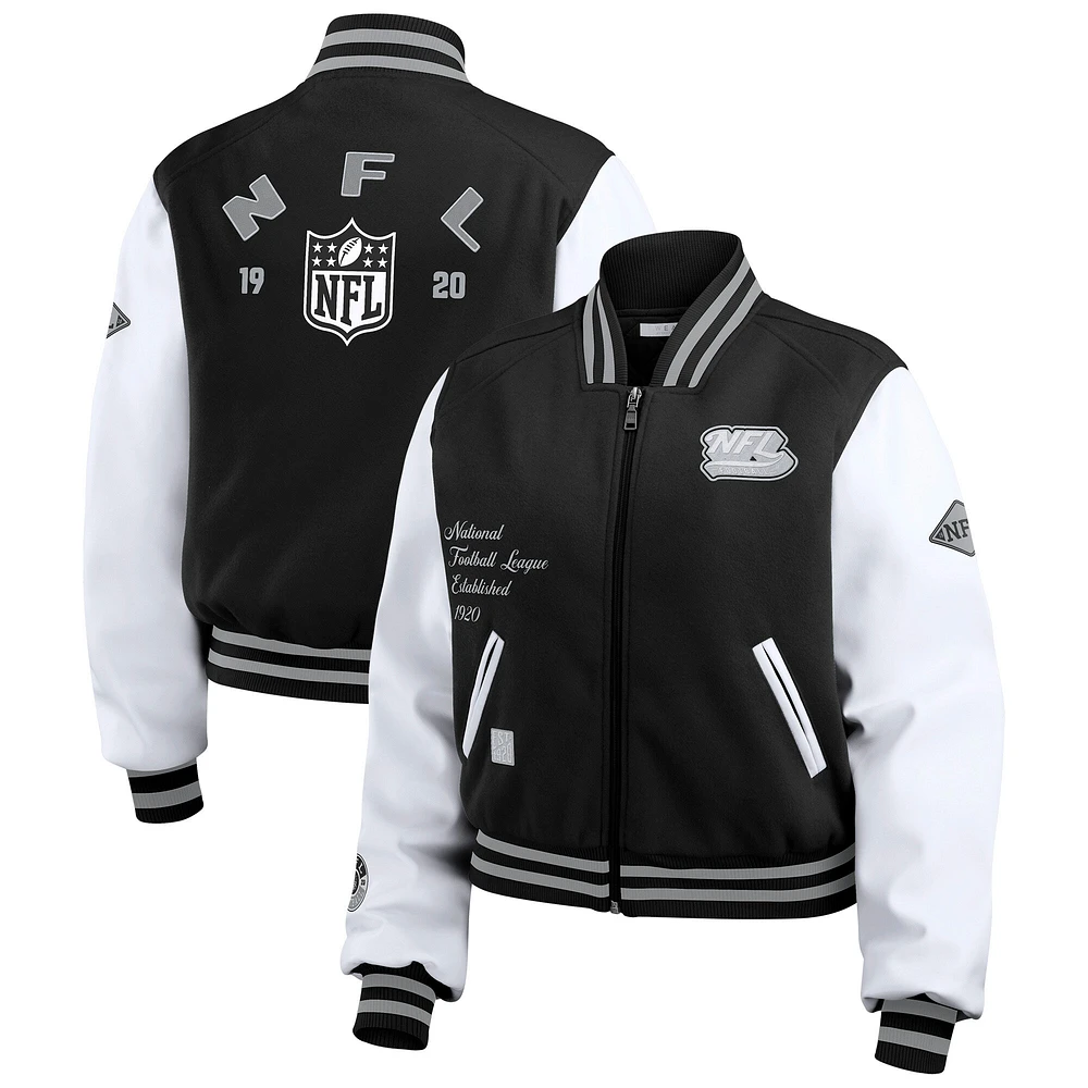 Veste zippée complète NFL Varsity noire/blanche WEAR by Erin Andrews pour femme