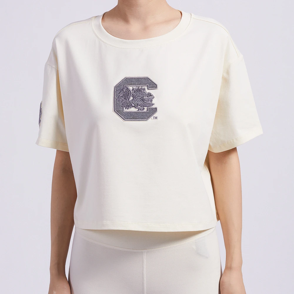 Women's Pro Standard Cream South Carolina Gamecocks Reverse French Terry Boxy Cropped T-Shirt