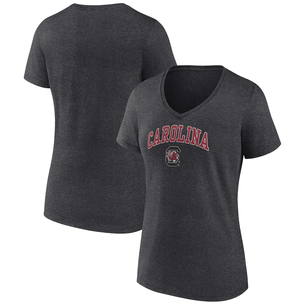 Women's Fanatics Heather Charcoal South Carolina Gamecocks Campus V-Neck T-Shirt