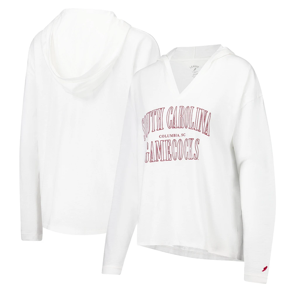 T-shirt à capuche manches longues et col en V blanc South Carolina Gamecocks Slub pour femmes