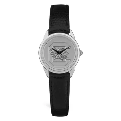 South Carolina Gamecocks Women's Silver Medallion Black Leather Wristwatch