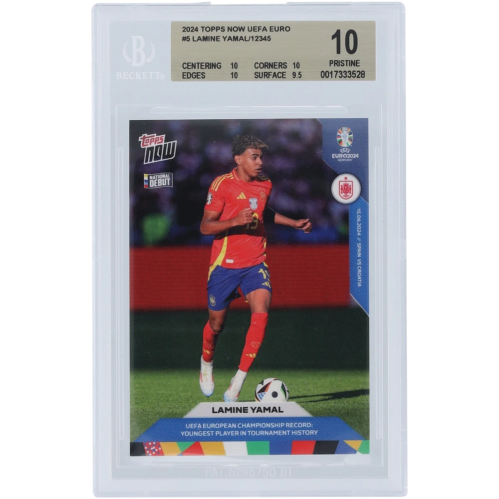 Lamine Yamal Spain National Team 2024 Topps Now UEFA Euro Youngest Player in Tournament History #5 BGS Authenticated 10 Rookie Card - 10,10,10,9.5 Subgrades