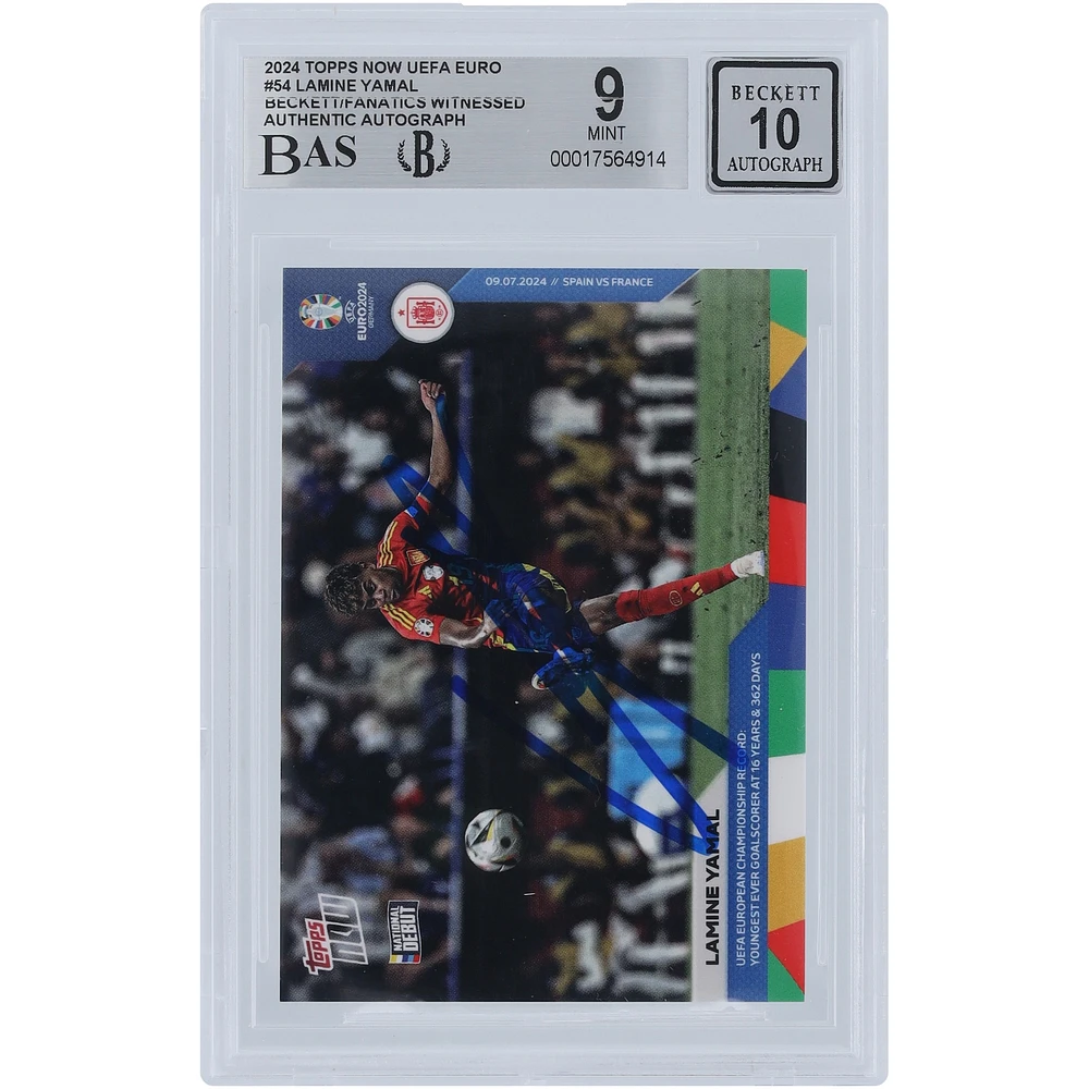 Lamine Yamal Spain National Team Autographed 2024 Topps Now UEFA Euro Youngest Ever Goalscorer At 16 Years & 362 Days #54 Beckett Fanatics Witnessed Authenticated /10 Rookie Card