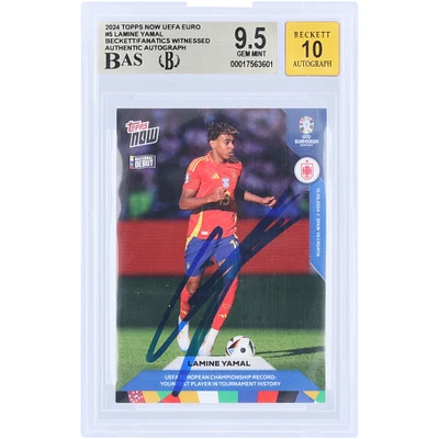 Lamine Yamal Spain National Team Autographed 2024 Topps Now UEFA Euro Youngest Player In Tournament History #5 Beckett Fanatics Witnessed Authenticated 9.5/10 Rookie Card