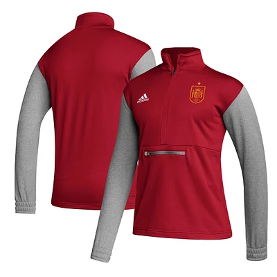 Haut à manches longues et demi-zip adidas rouge pour homme avec écusson de l'équipe nationale d'Espagne