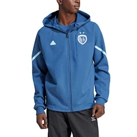 Veste adidas bleu ciel Sporting Kansas City 2024 Anthem Travel à manches raglan et fermeture éclair pour homme