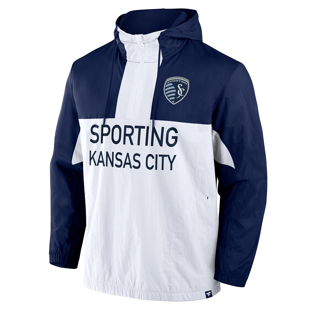 Men's Fanatics Navy Sporting Kansas City Free Kick Woven Quarter-Zip Hoodie Jacket