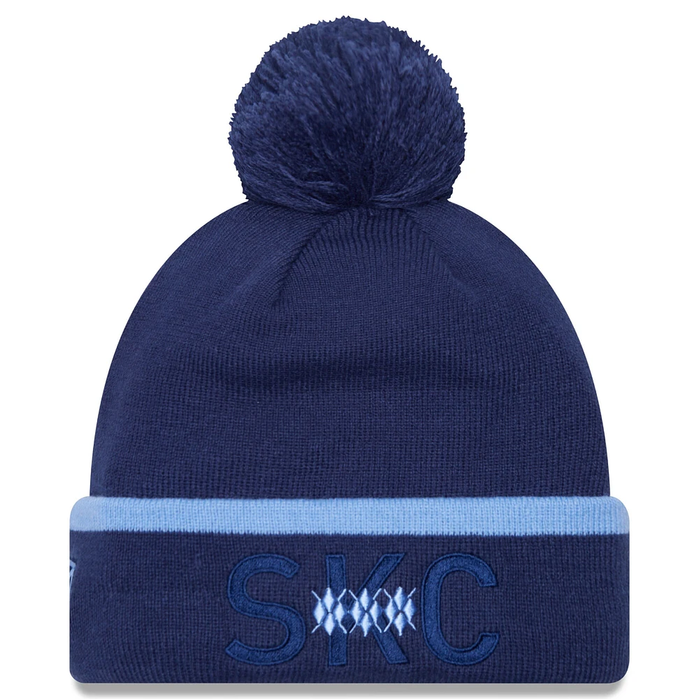 Men's New Era Navy Sporting Kansas City Wordmark Kick Off Cuffed Knit Hat with Pom