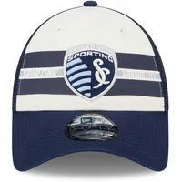 Men's New Era White/Navy Sporting Kansas City Team Stripes 9FORTY Trucker Snapback Hat