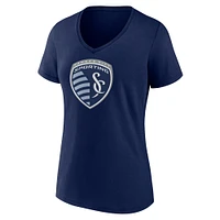 T-shirt à col en V avec logo Sporting Kansas City bleu marine de marque Fanatics pour femmes