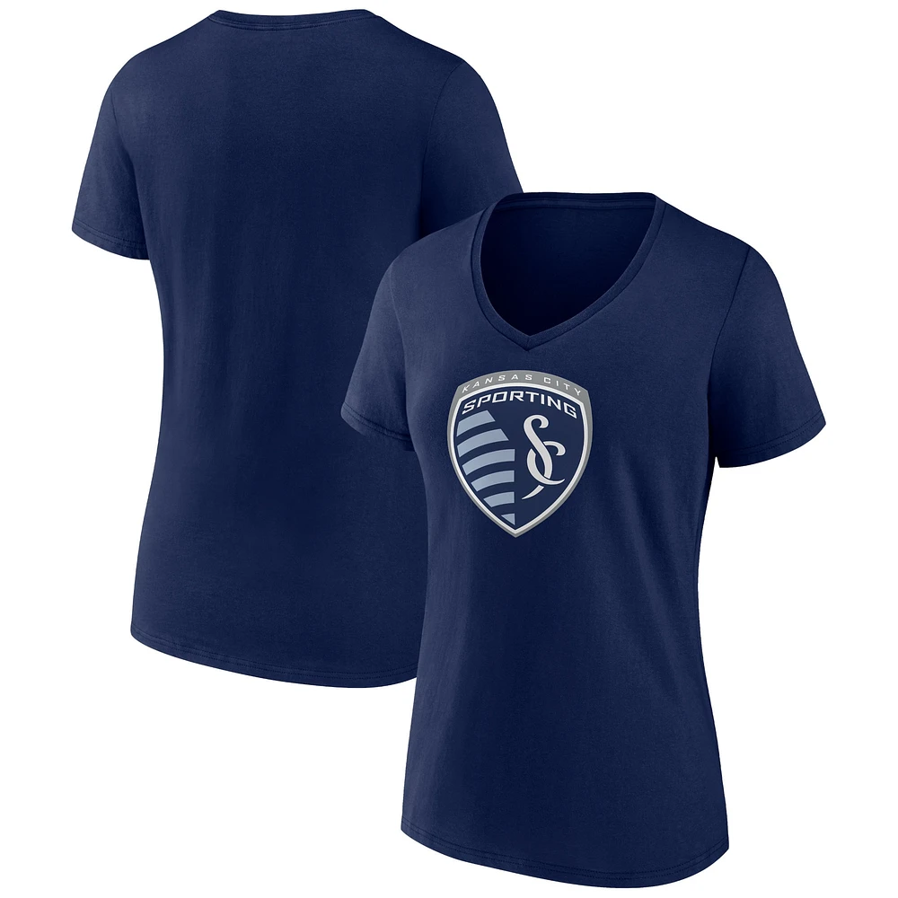 T-shirt à col en V avec logo Sporting Kansas City bleu marine de marque Fanatics pour femmes