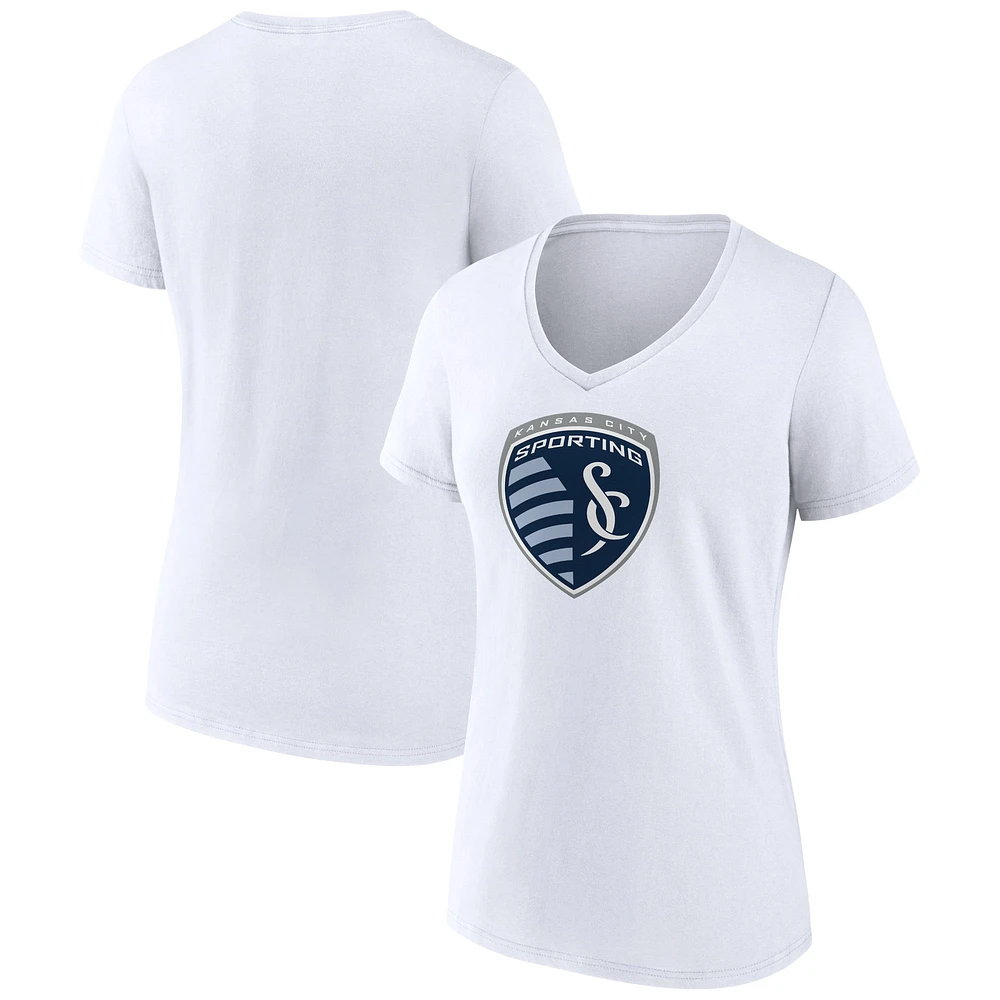 T-shirt col en V blanc avec logo Sporting Kansas City Fanatics pour femme