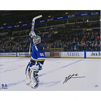 Jordan Binnington St. Louis Blues Autographed 16" x 20" Stick Salute Photograph