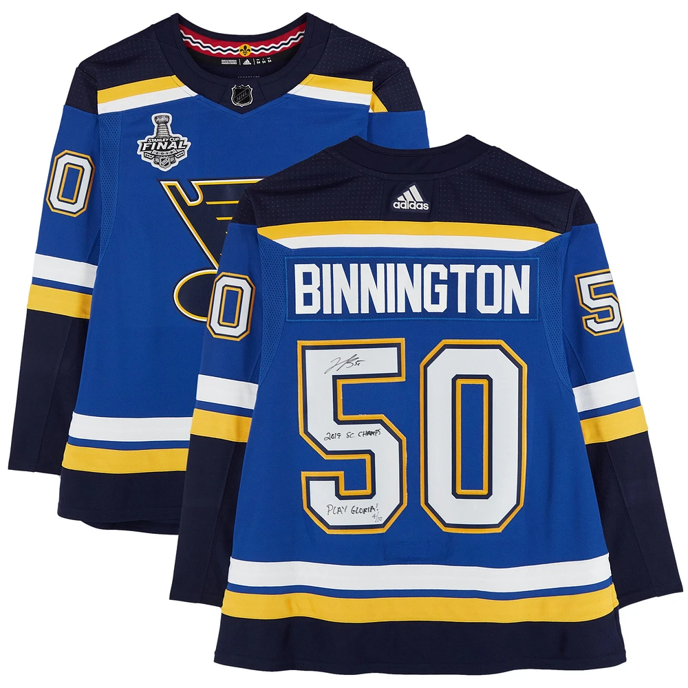 Jordan Binnington St. Louis Blues Autographed Blue adidas Authentic Jersey with 2019 Stanley Cup Final Patch & Multiple Inscriptions - Limited Edition of 10
