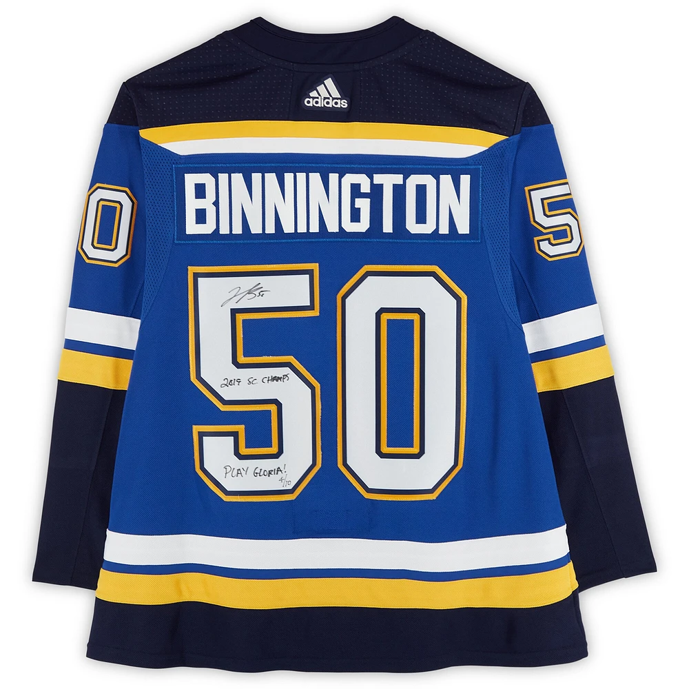 Jordan Binnington St. Louis Blues Autographed Blue adidas Authentic Jersey with 2019 Stanley Cup Final Patch & Multiple Inscriptions - Limited Edition of 10
