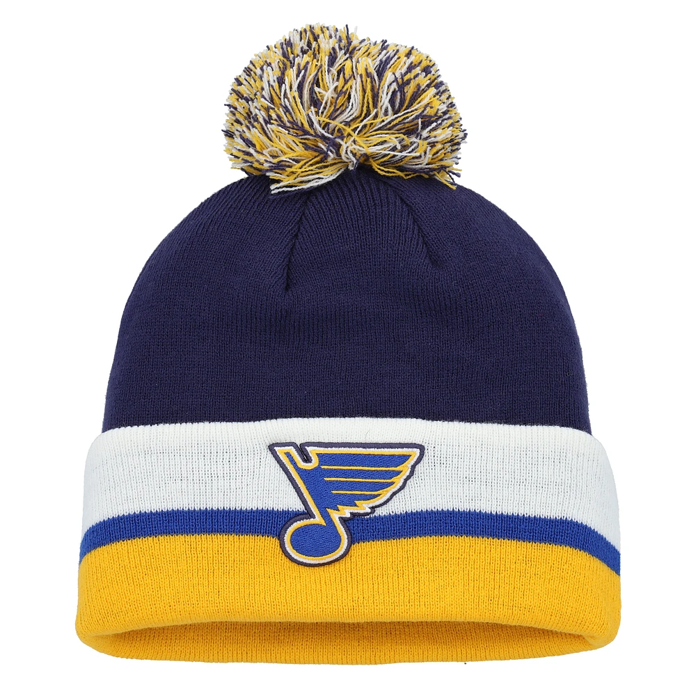 Bonnet en tricot à revers et à rayures adidas St. Louis Blues Team pour hommes avec pompon