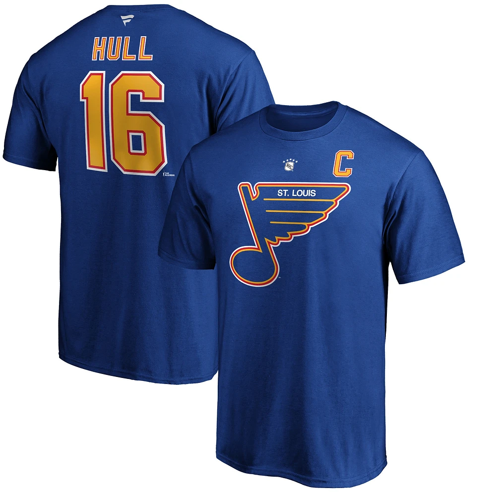 T-shirt bleu pour homme avec nom et numéro de joueur retraité des Blues St. Louis, authentique Stack, Brett Hull