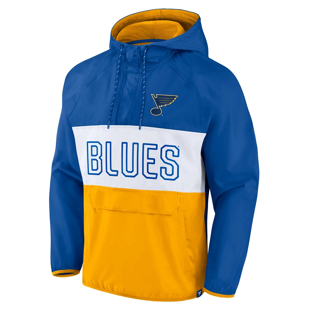 Fanatics pour hommes de marque bleu/or St. Louis Blues Backhand Shooter Defender Anorak Raglan Hoodie Quarter-Zip Jacket