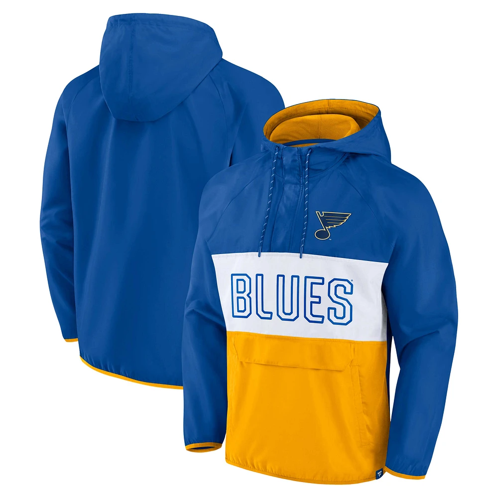 Men's Fanatics Blue/Gold St. Louis Blues Backhand Shooter Defender Anorak Raglan Hoodie Quarter-Zip Jacket