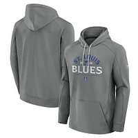 Men's Fanatics Gray St. Louis Blues 2025 Stanley Cup Playoffs Authentic Pro Rink Fly Fleece Pullover Hoodie