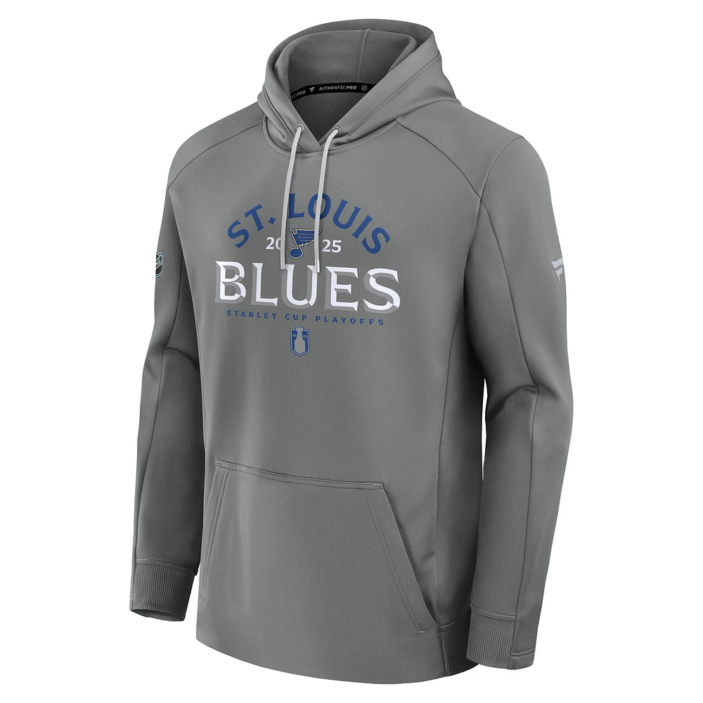 Men's Fanatics Gray St. Louis Blues 2025 Stanley Cup Playoffs Authentic Pro Rink Fly Fleece Pullover Hoodie