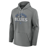 Men's Fanatics Gray St. Louis Blues 2025 Stanley Cup Playoffs Authentic Pro Rink Fly Fleece Pullover Hoodie