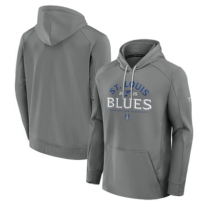 Men's Fanatics Gray St. Louis Blues 2025 Stanley Cup Playoffs Authentic Pro Rink Fly Fleece Pullover Hoodie