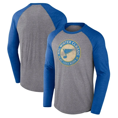 T-shirt à manches longues en jersey raglan vintage vieilli des Blues de St. Louis, motif classique d'hiver 2022 la LNH, gris chiné/bleu chiné, Fanatics pour homme