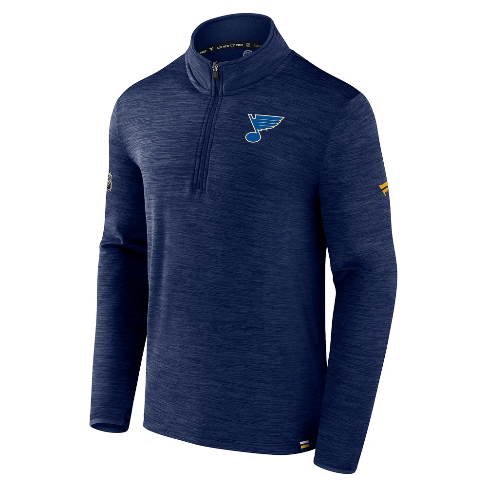 Haut pull à quart de zip Authentic Pro Fanatics Heather Navy St. Louis Blues pour hommes