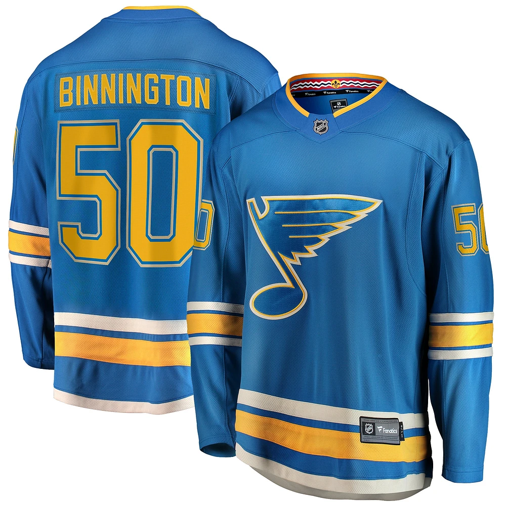 Fanatics Jordan Binnington pour hommes, bleu, maillot de joueur alternatif Premier Breakaway des St. Louis Blues