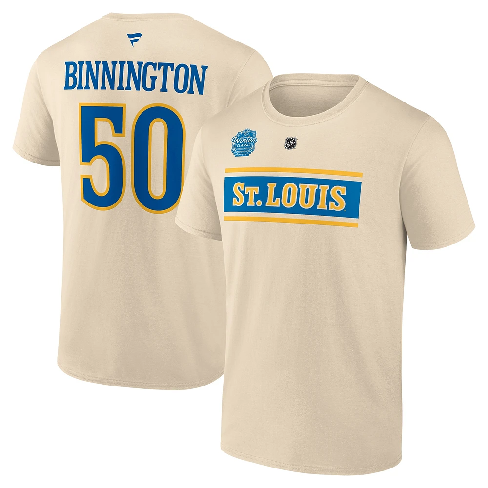 T-shirt authentique avec nom et numéro Stack de la LNH 2025 collection Fanatics Jordan Binnington Cream des Blues St. Louis