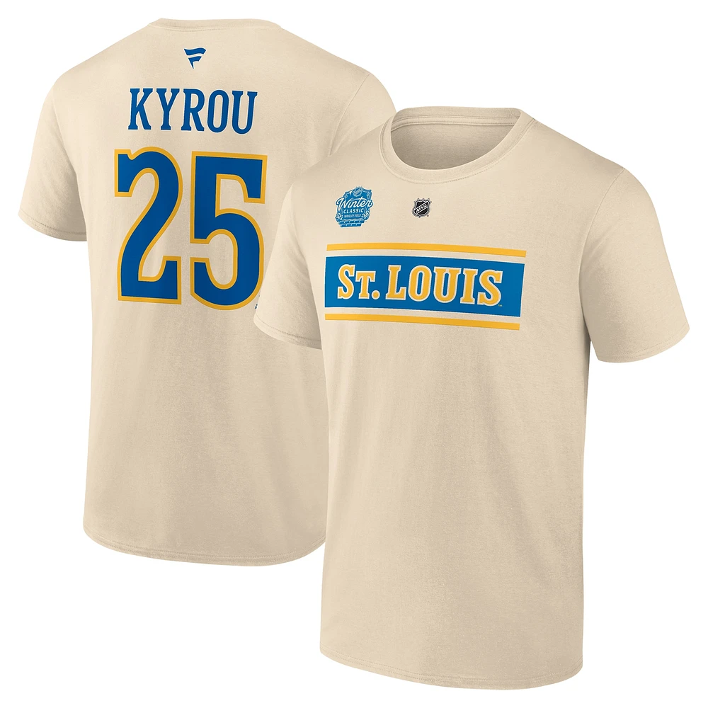 T-shirt authentique avec nom et numéro Stack de la LNH 2025 collection Fanatics Jordan Kyrou Cream des Blues St. Louis pour hommes