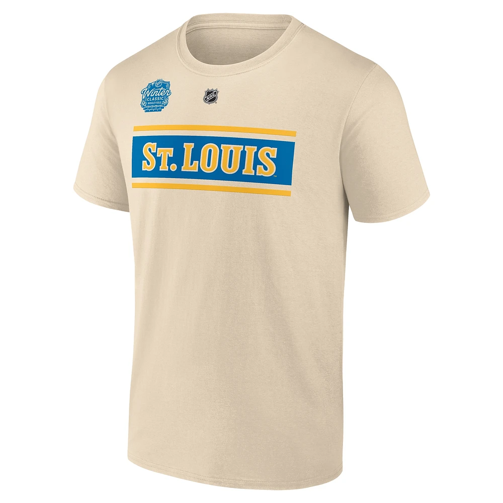 Men's Fanatics Jordan Kyrou Cream St. Louis Blues 2025 NHL Winter Classic Authentic Stack Name & Number T-Shirt