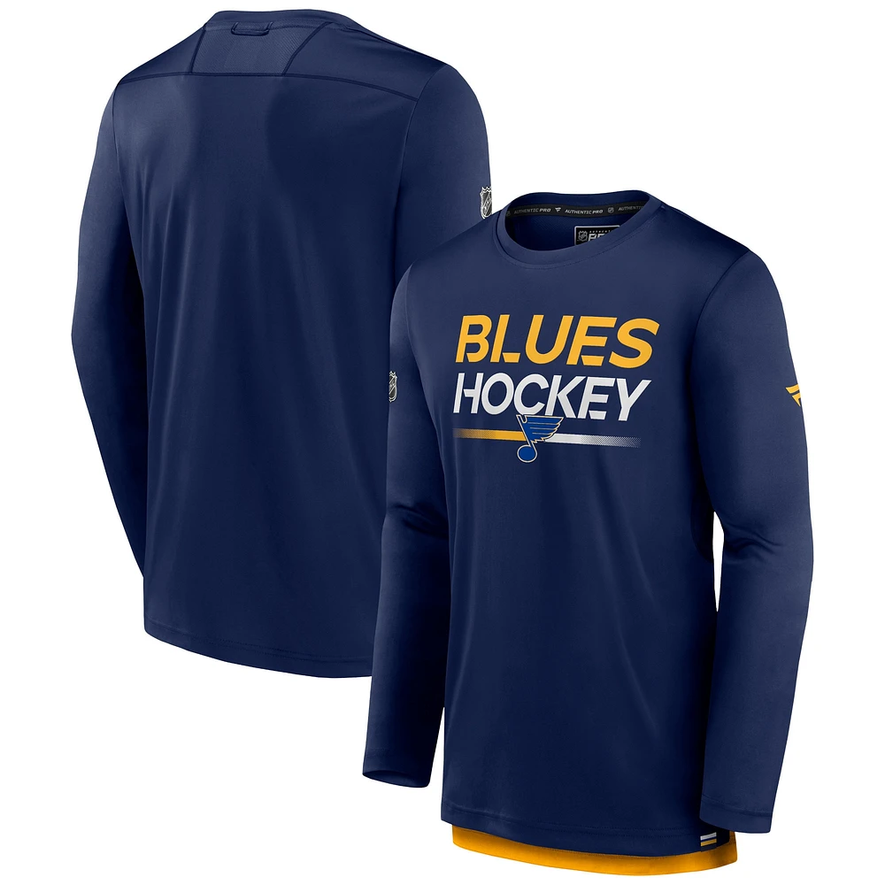 T-shirt à manches longues Fanatics Navy St. Louis Blues Authentic Pro pour hommes