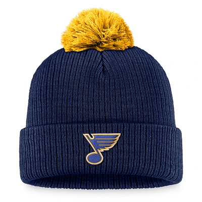 Bonnet en tricot à revers de l'équipe Fanatics Navy St. Louis Blues pour hommes avec pompon