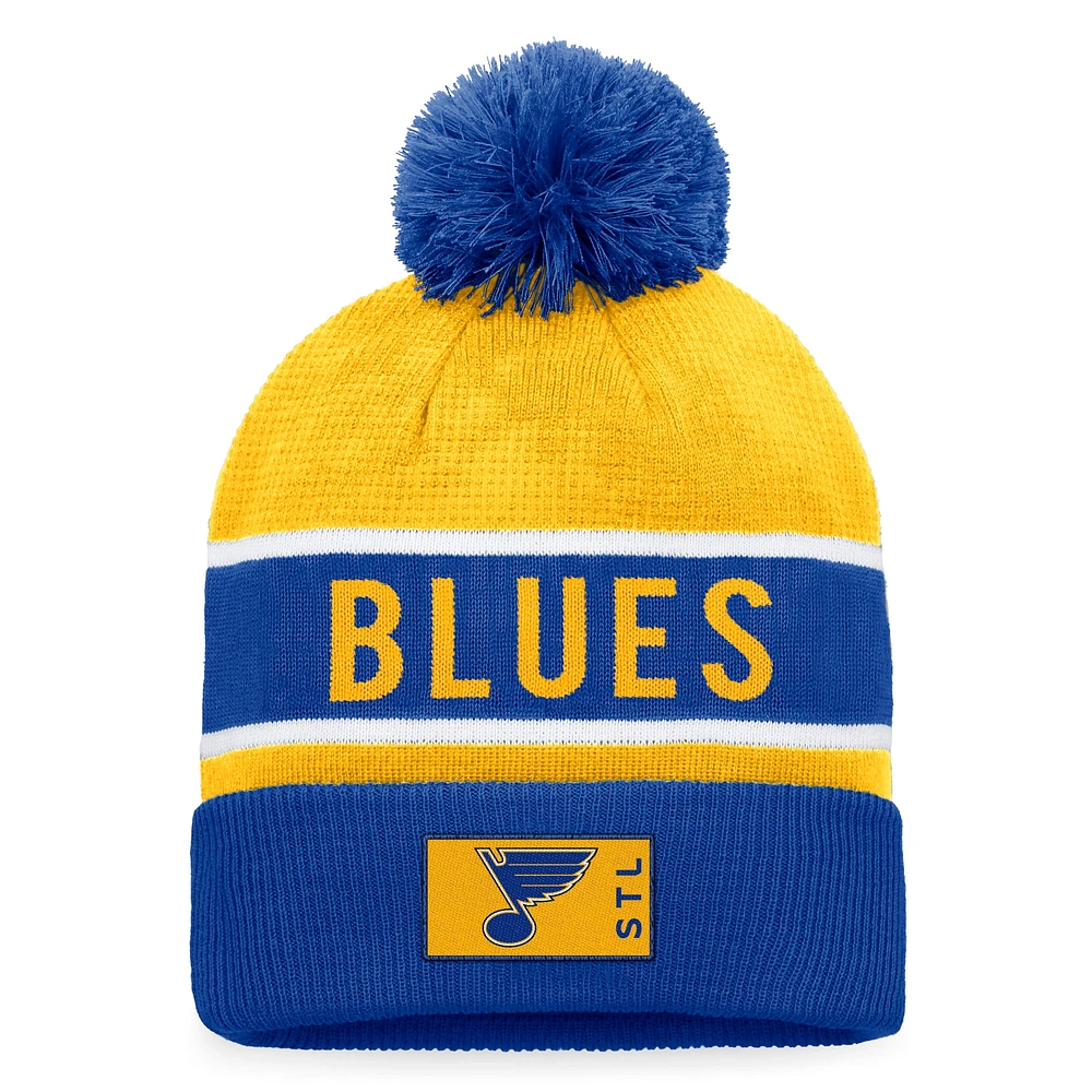 Bonnet en tricot à revers Authentic Pro Rink Fanatics Royal/Gold St. Louis Blues pour hommes avec pompon