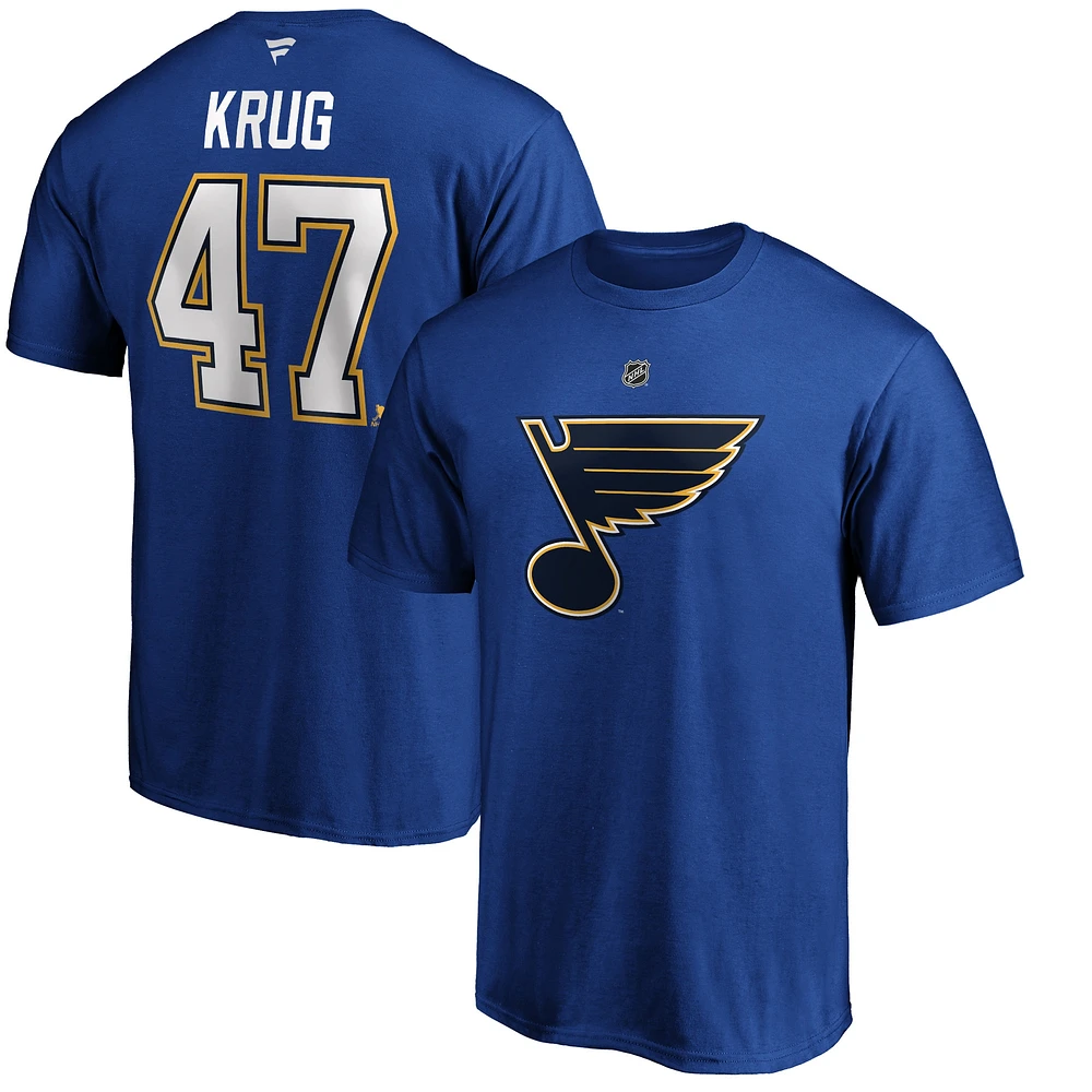 Fanatics pour hommes Torey Krug bleu St. Louis Blues Authentic Stack Name & Number T-shirt