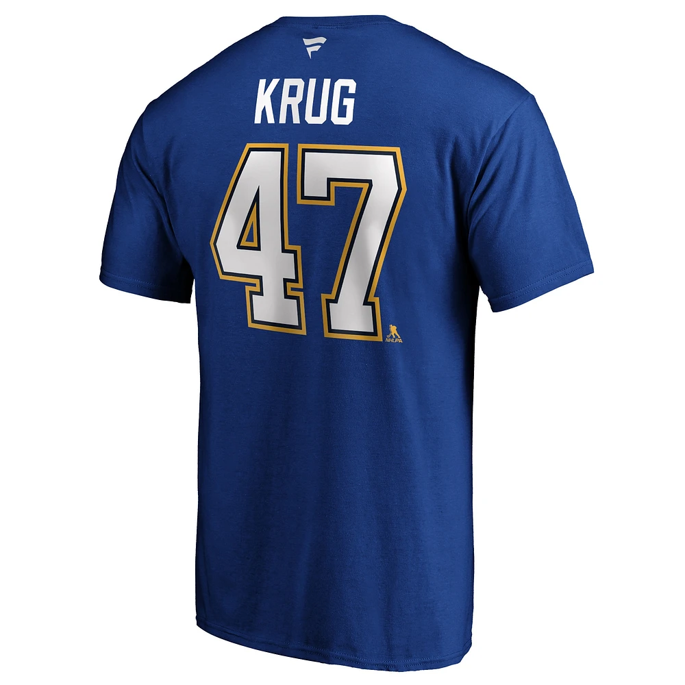 Fanatics pour hommes Torey Krug bleu St. Louis Blues Authentic Stack Name & Number T-shirt